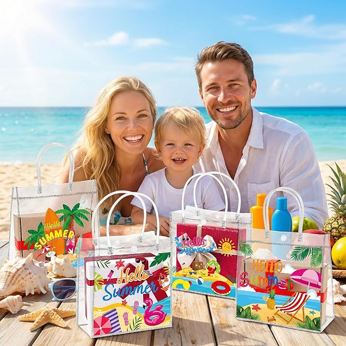 H1vojoxo Hello Summer Gift Bags - 24PCS Beach Vacation Clear Gift Bags with Handles 7.9 x 3.2 x 7.9 Inch Reusable PVC Plastic Transparent Waterproof Tote Bag for Summer Party Birthday Party Supplies