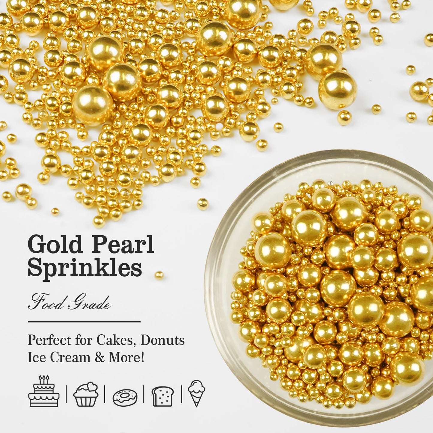 Gold Pearl Sprinkles for Cake Decorating, 150g/5.29oz, Mix Size, Edible Sugar Candy Pearls, Cake Decorations, Cupcake, Cookies, Foodgrade Topper, Holiday, Wedding Party, Easter, Christmas Supplies