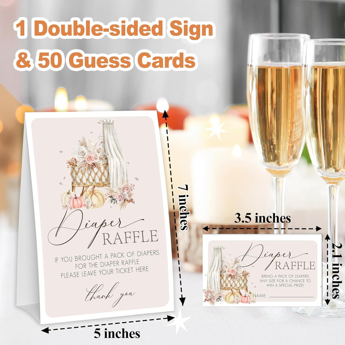 Diaper Raffle Tickets Baby Shower Games, Fall Bohemia Baby Shower Decorations, Fall Pumpkin Party Supplies for Guests-1 Sign &50 Cards - 04