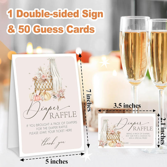 Diaper Raffle Tickets Baby Shower Games, Fall Bohemia Baby Shower Decorations, Fall Pumpkin Party Supplies for Guests-1 Sign &50 Cards - 04
