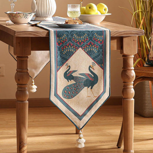 Vintage Blue Peacock Table Runner for Table,Decorative Linen 87 Inches Long Table Runners,Cheesecloth Decor Tabletop for Kitchen,Dining,Tea Party,Home,Christmas,12"*87"