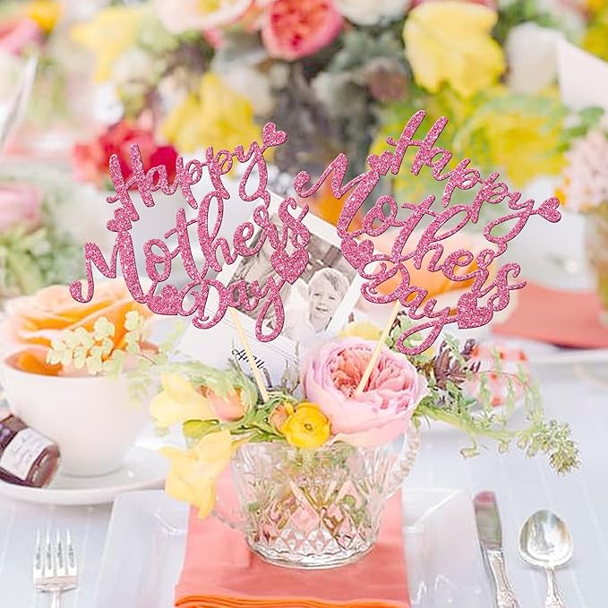 12 PCS Happy Mother's Day Centerpiece Sticks Double Sided Glitter Love Mother Best Mom Centerpieces for Happy Mother's Day Theme Table Flower Decorations Birthday Party Supplies Pink