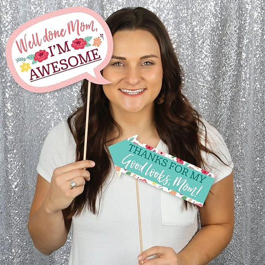 Mother's Day Photo Booth Props Kit - Celebration Set, Premium Cardstock Photo Props with Sticks, DIY Party Decorations - 10 Pieces - Colorful