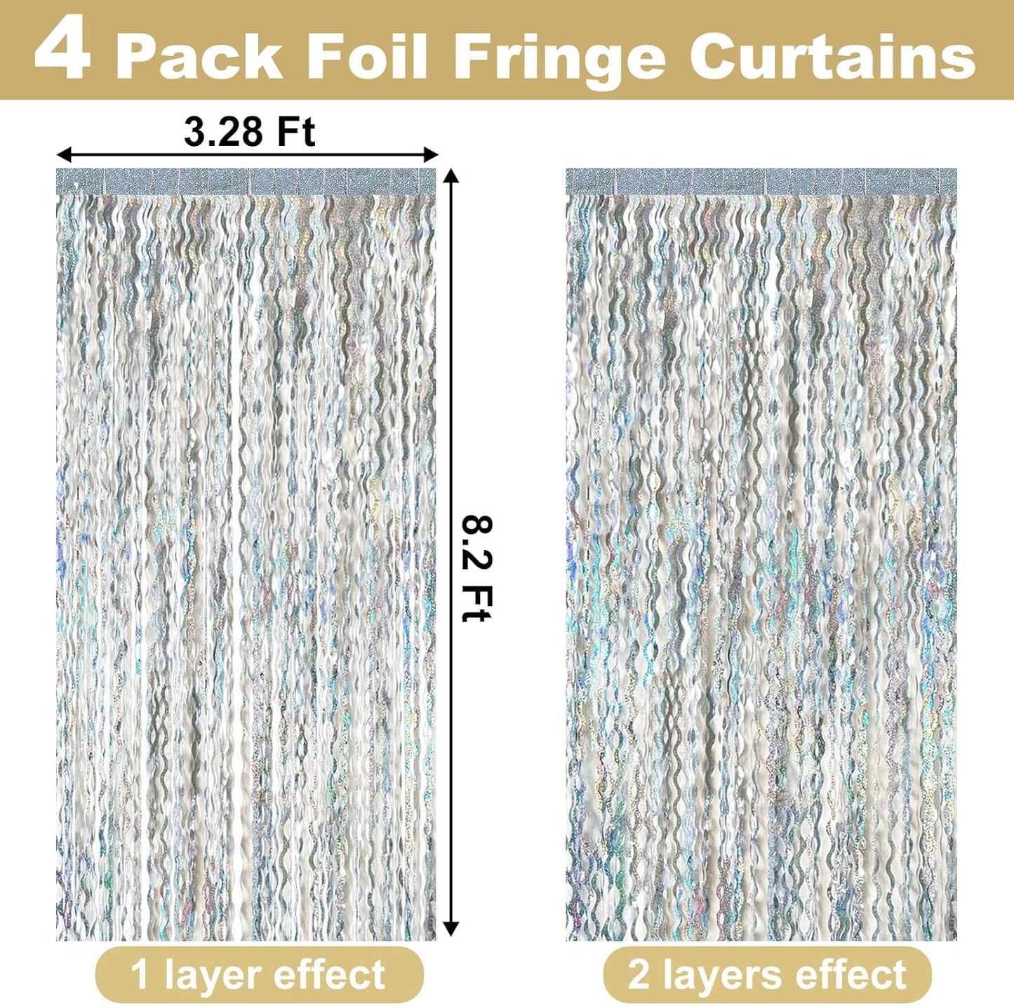 4 Pack Silver Fringe Curtain Backdrop 3.2Ft x 8.2Ft Metallic Tinsel Foil Fringe Streamers Background for Photo Booth, Easter, Mother's Day, Bachelorette, Wedding, Birthday Party Decoration