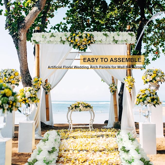 Wedding Arch Artificial Flowers Set - 10Pack White Faux Floral Silk Fake Rose Arrangements Realistic 3D Flower Row for Wedding Party Dining Table Reception Ceremony Centerpiece 20''*9.4''*3''