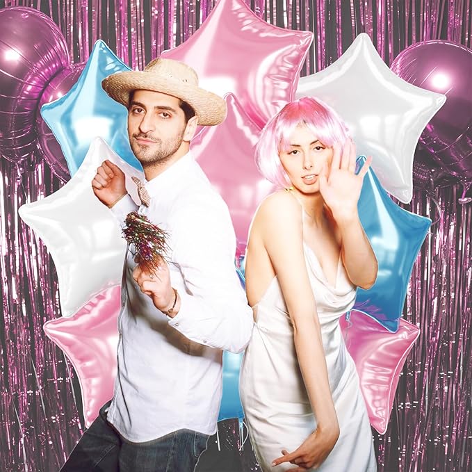 Pink Blue White Star Foil Balloons, 10PCS Foil Stars Shape Balloons, 18 Inch Metallic Light Pink Blue Stars Balloon Helium for Girls Boys Birthday, Gender Reveal, Baby Shower Party Decoration