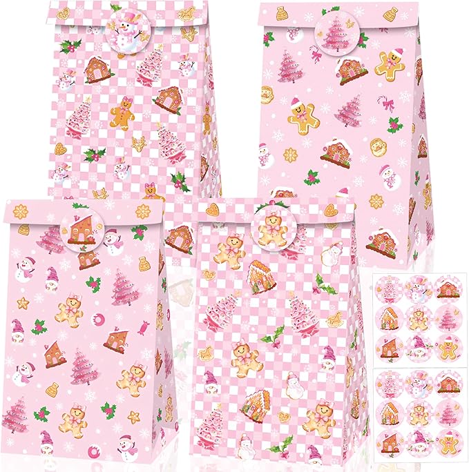 Inshinern 12 Pcs Pink Christmas Tree Party Favor Bags Small Christmas Gift Bags with Stickers Snowman Candy Cane Bag for Gingerbread Man Theme Birthday Baby Shower Decorations, Xmas Party Supplies