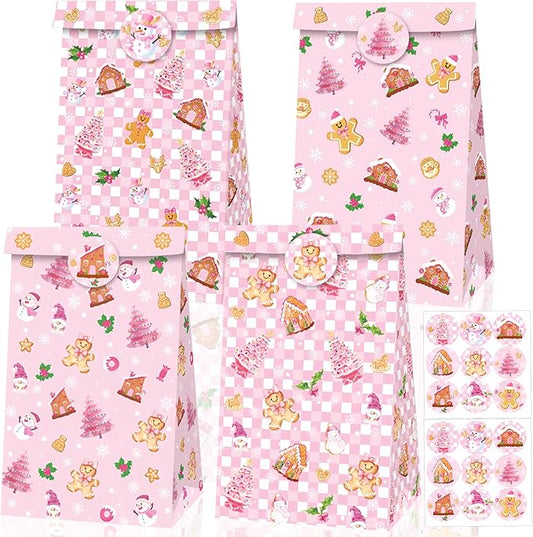 Inshinern 12 Pcs Pink Christmas Tree Party Favor Bags Small Christmas Gift Bags with Stickers Snowman Candy Cane Bag for Gingerbread Man Theme Birthday Baby Shower Decorations, Xmas Party Supplies