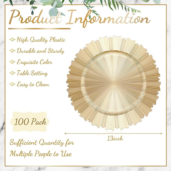 Mifoci 100 Pcs Champagne Gold Charger Plates Bulk 13 Inch Plastic Round Chargers Fluted Edge Dinner Plate Wedding Decoration for Table Setting Wedding Party Event Tabletop