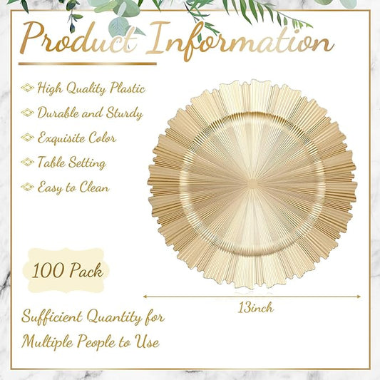 Mifoci 100 Pcs Champagne Gold Charger Plates Bulk 13 Inch Plastic Round Chargers Fluted Edge Dinner Plate Wedding Decoration for Table Setting Wedding Party Event Tabletop