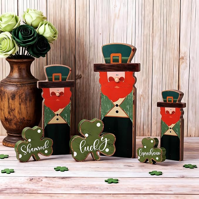 6 Pcs Wooden St Patricks Day Tiered Tray Decorations Sign Wood Irish Table Centerpieces Block Leprechaun Clover Figurines Shamrock Lucky Tabletop Ornaments for Rustic Farmhouse Office Home Shelf