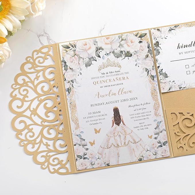 50PCS Gold Wedding Invitation, Bridal Shower Invitations Blank Personalized Wedding Rsvp Cards with Envelopes and Sticker, Pearl Paper Inserts Laser Cut Pocket for Festival Anniversary Housewarming