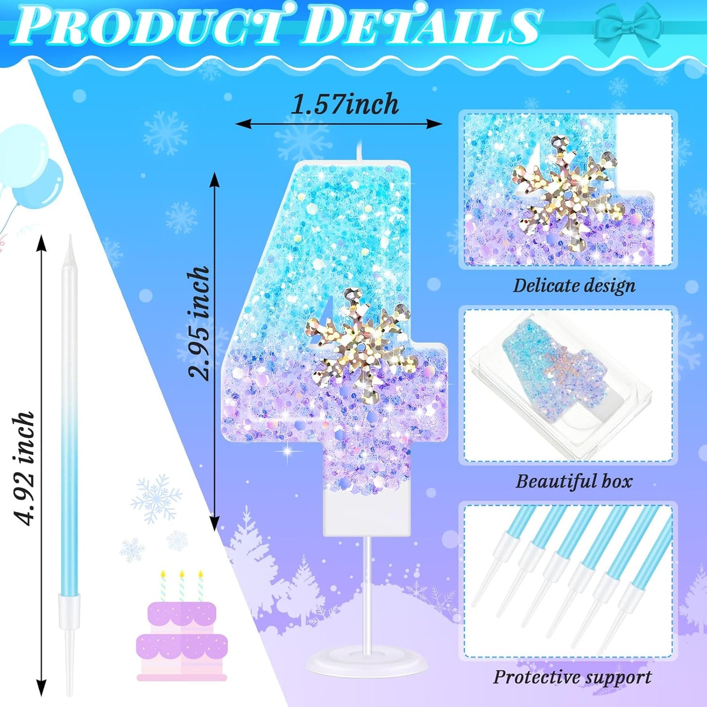 MTLEE Number 4 Birthday Candle Blue Snowflake with 6 Long Thin Cupcake Candles Blue Sparklers Glitter Number Happy Birthday Cake Topper Decorations for Winter Party Supplies