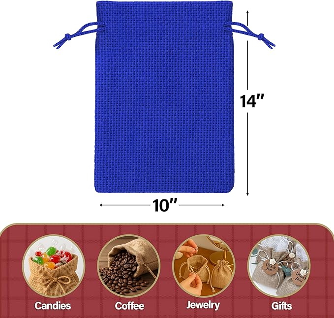 Mandala Crafts 10X14 Inch Royal Blue Burlap Drawstring Gift Bags for Favors - 20 Large Linen Sacks Gift Pouches for Candy, Coffee, Jewelry, Wedding, and Party Supplies