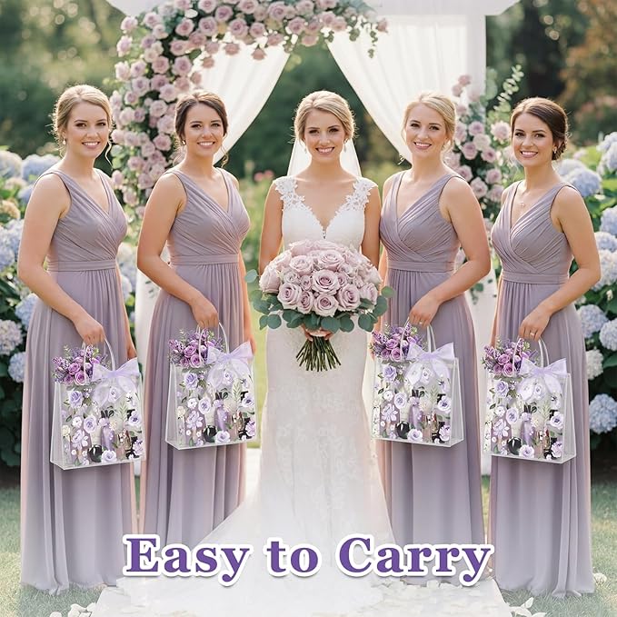 Wesnoy 24 Pcs Clear Floral Gift Bags with Handles Rose Purple Flower PVC Treat Tote Bag for Tea Birthday Party Wedding Bridal Shower Bachelorette Anniversary Engagement Guests, 7.8 x 7.8 x 3.2 Inch