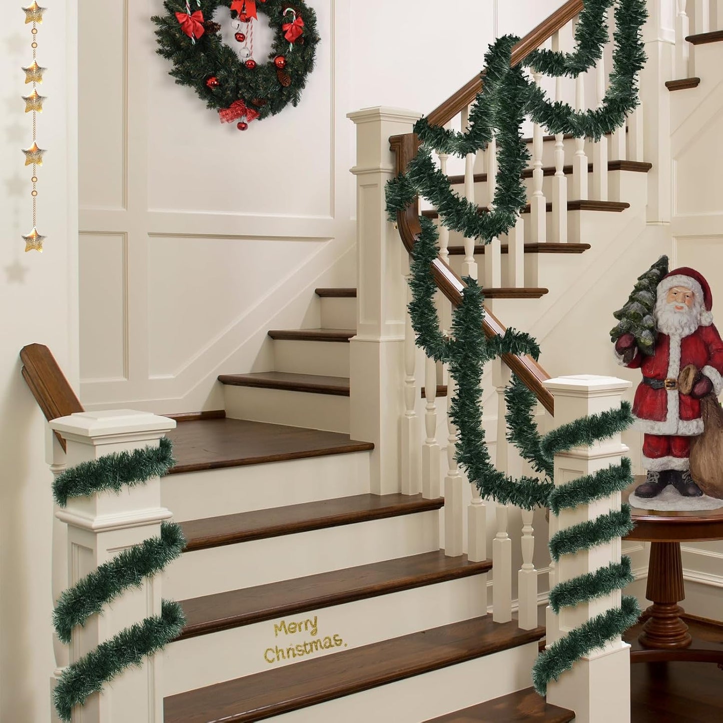 50FT PVC Green Christmas Tinsel Garland Tinsel Twist Greenery Garland for Christmas Tree Decorations, Xmas Tree Decor for Home Indoor Party Supplies