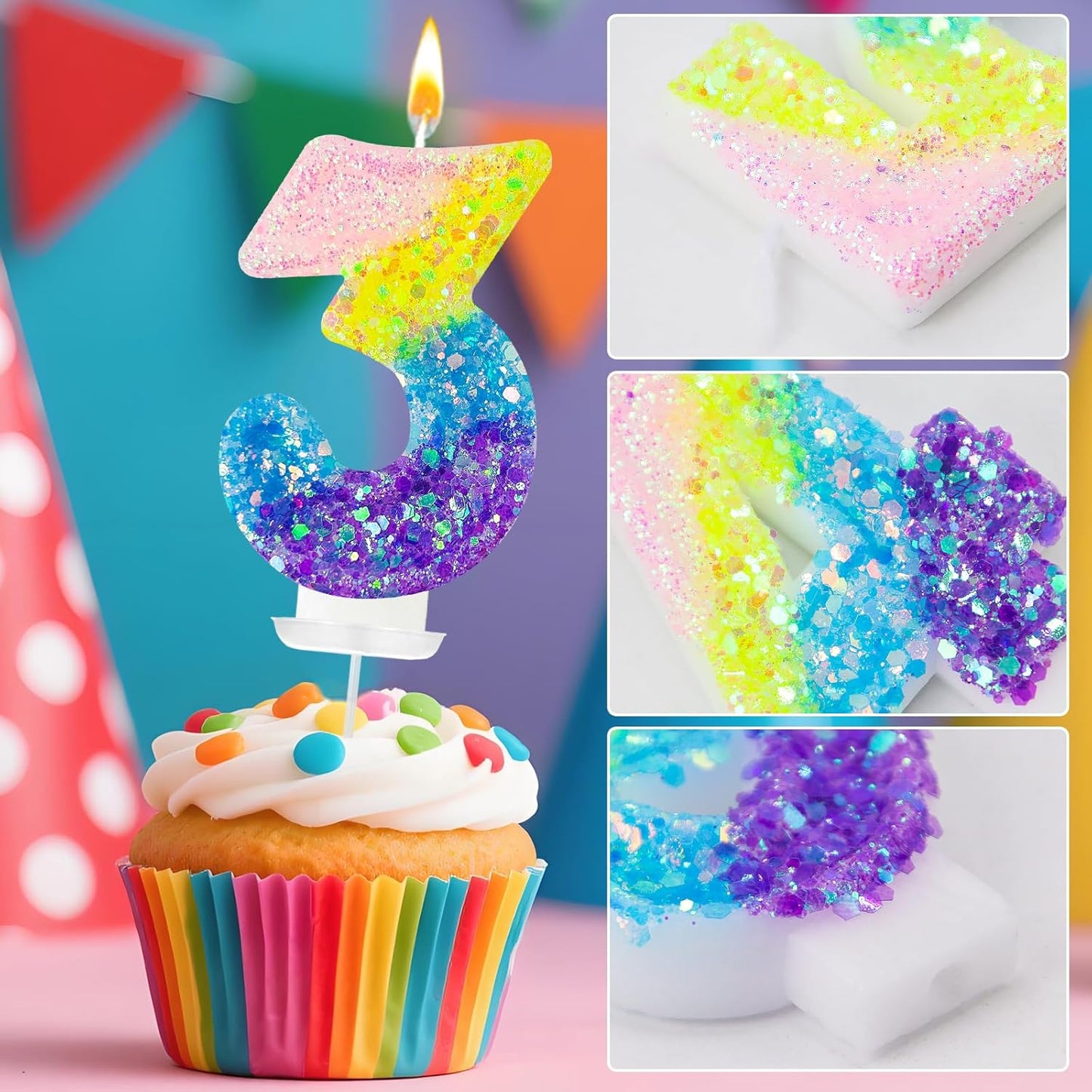Birthday Candles Pastel Macaron Glitter 3D Rainbow Number Candles for Birthday Cake Girls Women Sweet Theme Birthday Wedding Anniversary Party Cake Decoration (Number 3)