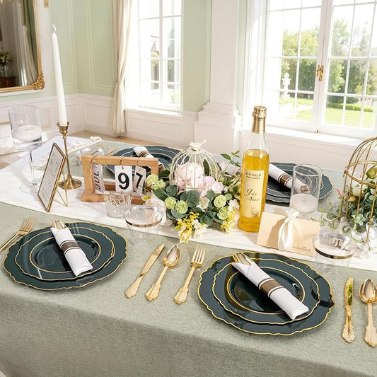 Liacere 175PCS Green Plastic Plates - Christmas Green Disposable With Gold Rim - 25Guest Baroque Plastic Dinnerware include 50Plates-25Pcs Pre Rolled Napkins with Silverware 25Cups for Party & Wedding