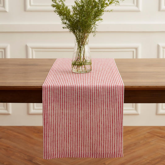 Solino Home Linen Table Runner 120 Inches Long - Narrow Stripe, 100% Pure Linen Red and White Table Runner 14 x 120 Inch for Dining, Christmas, Holiday