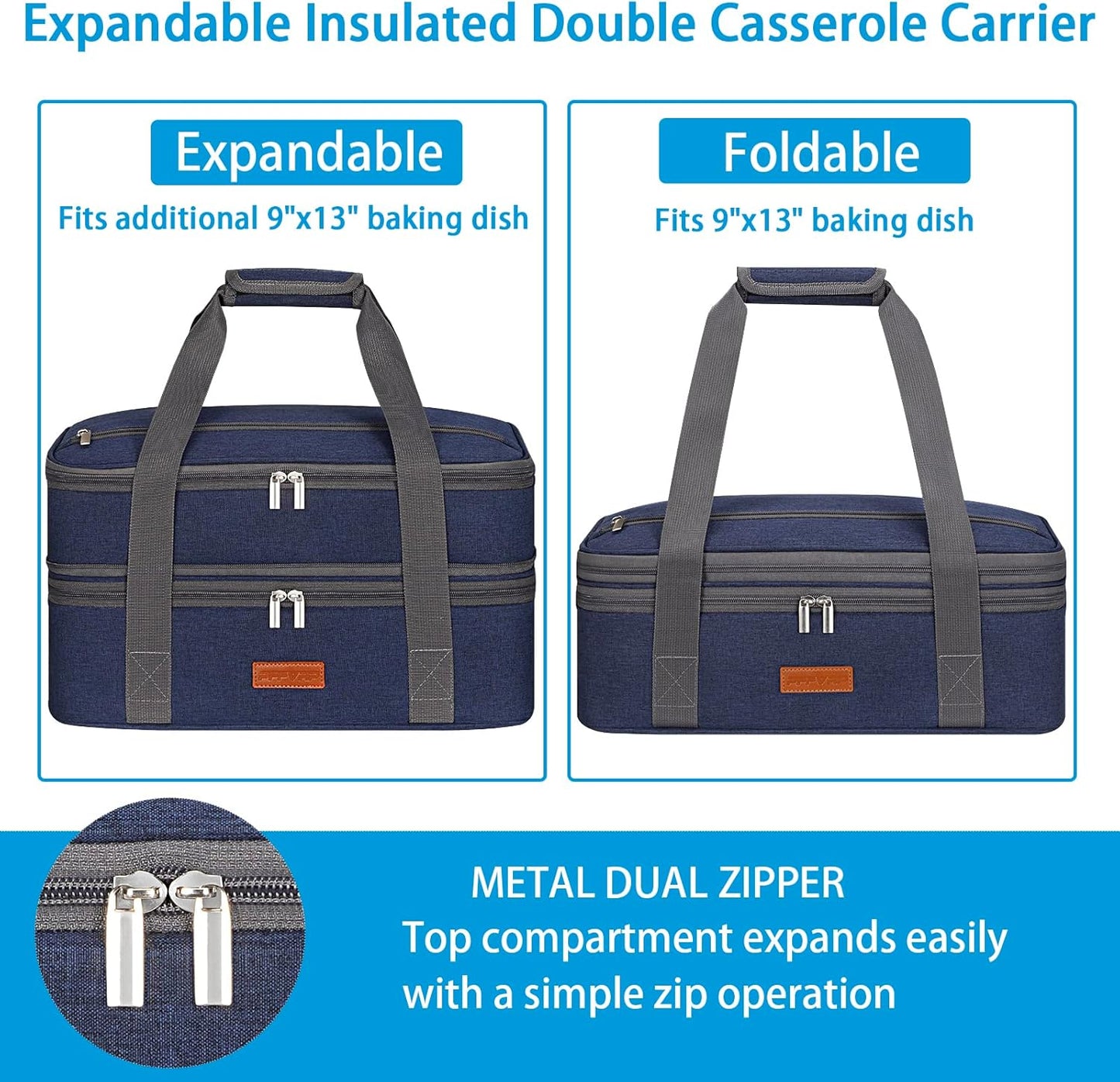 Double Decker Insulated Casserole Carrier for Hot or Cold Food, Expandable Food Carrier for Potluck Parties, Picnic, Cookouts, Fits 11 x 15 or 9 x 13 Lasagna Pan, Baking Dish（Blue）