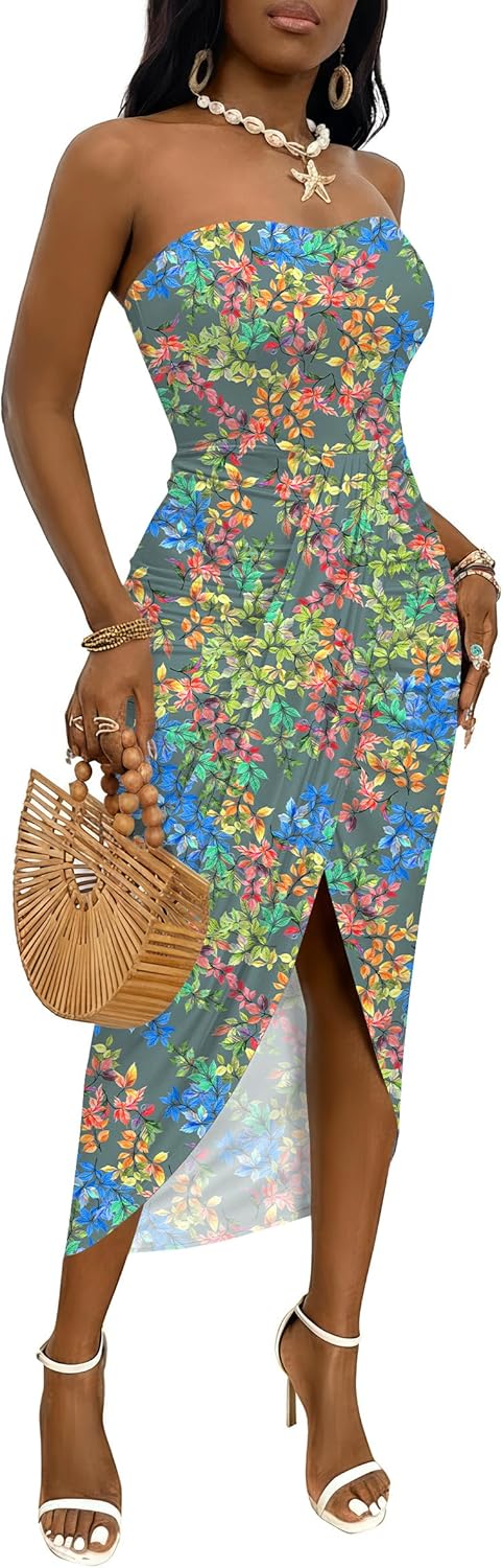 Umenlele Women's Strapless Ruched High Waist Wrap Split Asymmetrical Beach Maxi Long Dress