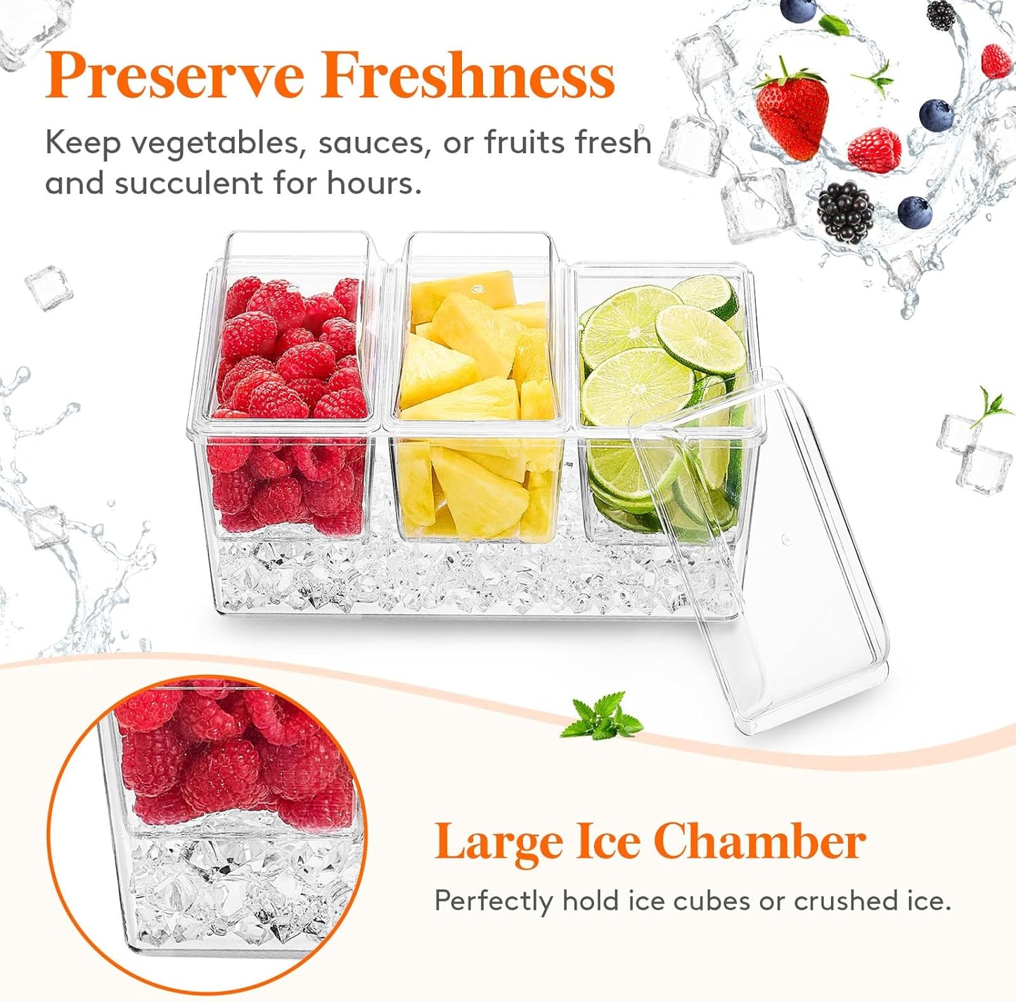 Lifewit 2 Pack Ice Chilled Condiment Caddy with 3 Containers(2.5 cup), Condiment Server with Separate Lids, Serving Tray Platter for Bar Accessories, Fruit, Salad, Taco, Party Garnish