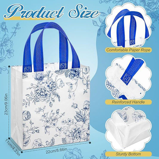 Sweetude 16 Pcs Bridesmaid Gift Bags Blue White Floral Gift Bags with Handle Flower Party Favor Non-woven Reusable Tote for Wedding Birthday Baby Shower Engagement DIY Shopping