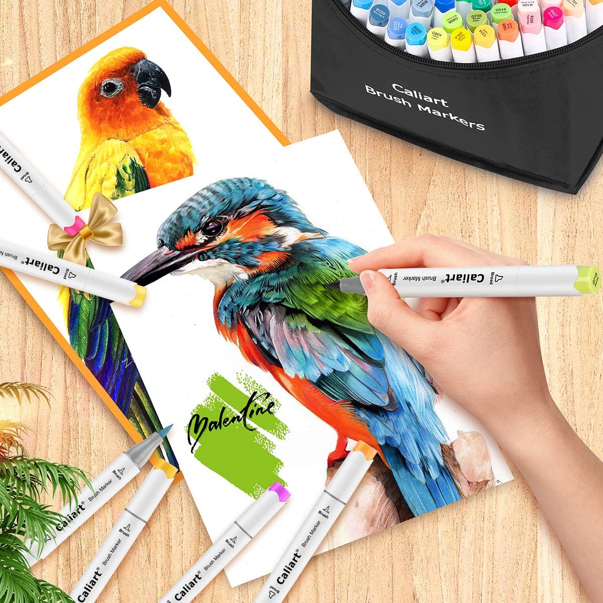 Caliart Alcohol Markers Brush Tip, 121 Colors Dual Tip Artist Sketch Marker Set Brush & Chisel, Permanent Drawing Pen Art Supplies Gifts for Kid Adult Coloring Book Illustration