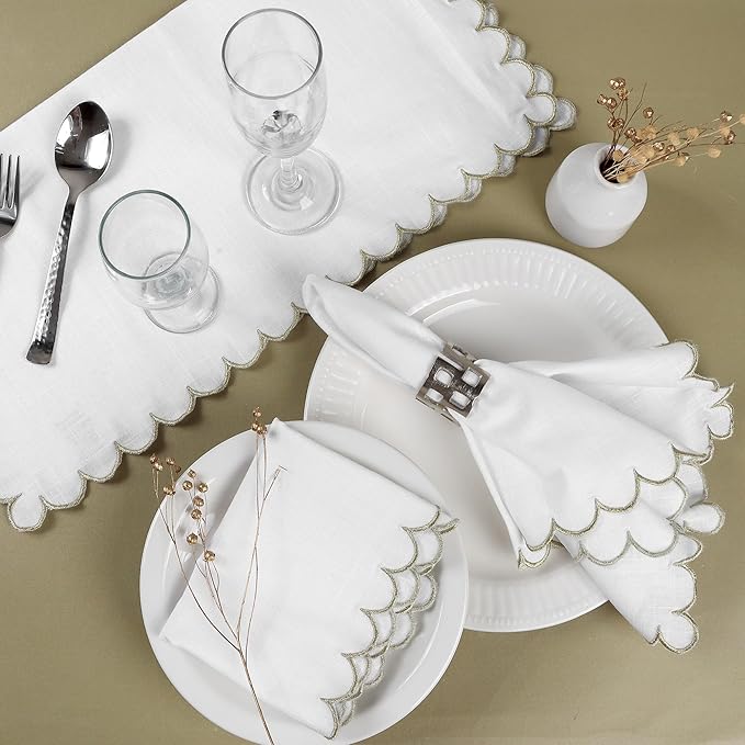 FINGERCRAFT Cloth Napkins, Everyday Use Scallop Design with Golden Zari, Premium Quality Natural Cotton Napkin Cloth Set of 6 Perfect for Parties Dinners Weddings Christmas 20x20 inch White