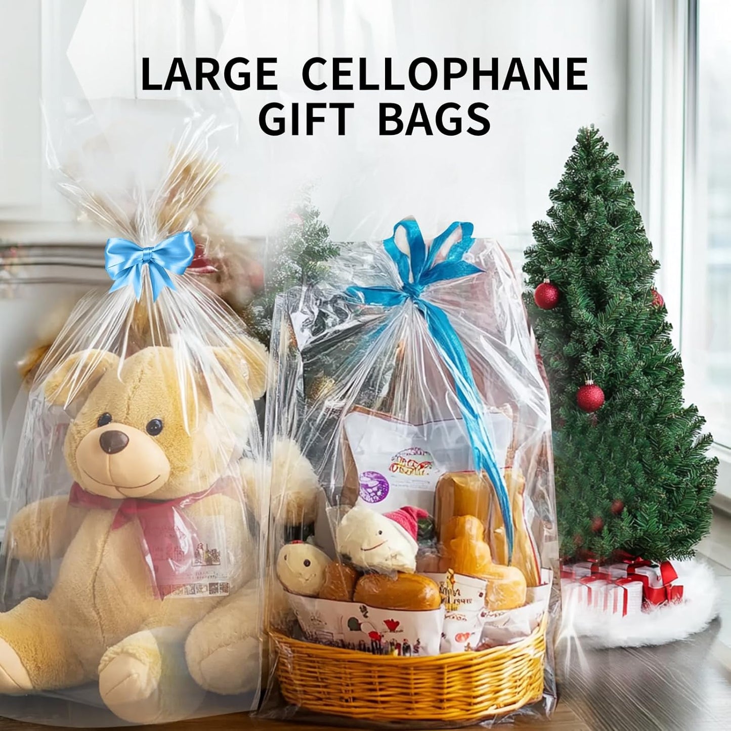 6PCS Large Cellophane Bags 30x40 Inch Cellophane Wrap Clear Gift Bags for Christmas Gift Baskets Baby Shower Halloween Candy 2.5 Mil Thick Wedding Beach Party favor Birthday