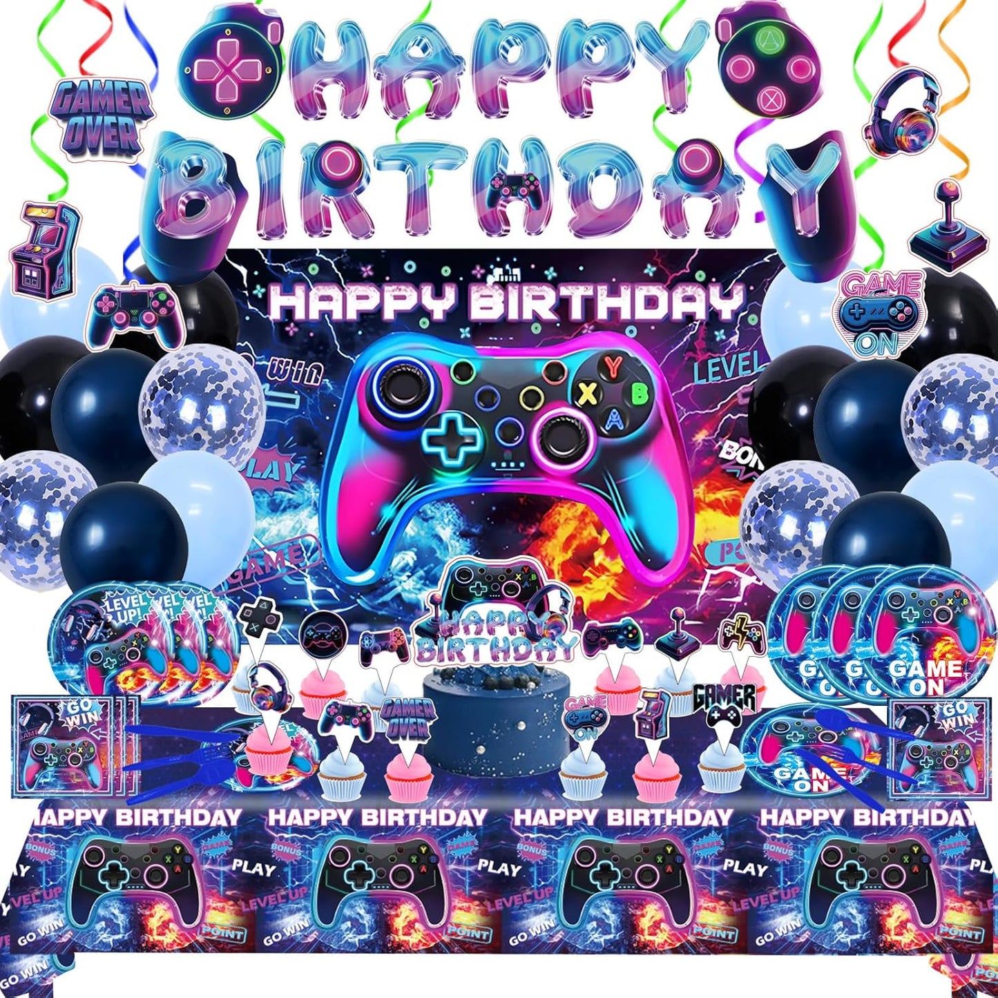 Video Game Birthday Party Supplies, Game Theme Style Party Include Happy Birthday Banner, Backdrop, Tableware Set, Tablecloth, Hanging Swirls, Cake Toppers, Cupcake Toppers, Latex Balloons (Game)
