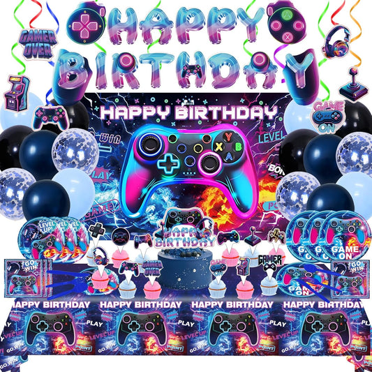 Video Game Birthday Party Supplies, Game Theme Style Party Include Happy Birthday Banner, Backdrop, Tableware Set, Tablecloth, Hanging Swirls, Cake Toppers, Cupcake Toppers, Latex Balloons (Game)