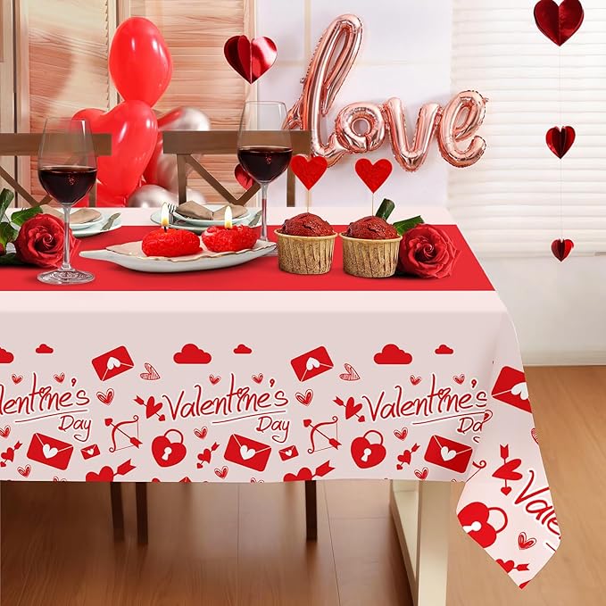 Childom Valentines Day Tablecloth for Valentines Day Decorations Party,3 Pack Disposable Plastic Valentines Table Cloths 54" x 108" Pink Table Cover,Valentines Decor for Wedding Engagement Anniversary
