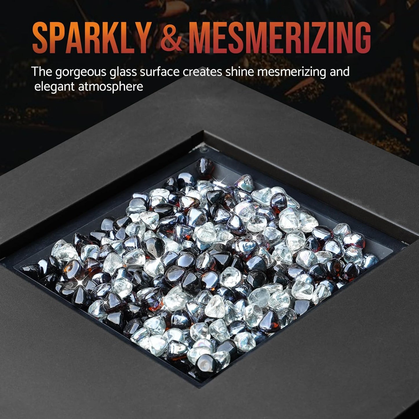 Skyflame 10-Pound Blended Fire Glass Diamonds for Fire Pit Fireplace Landscaping, 1/2 Inch Onyx Black, Crystal Ice, Amber Luster