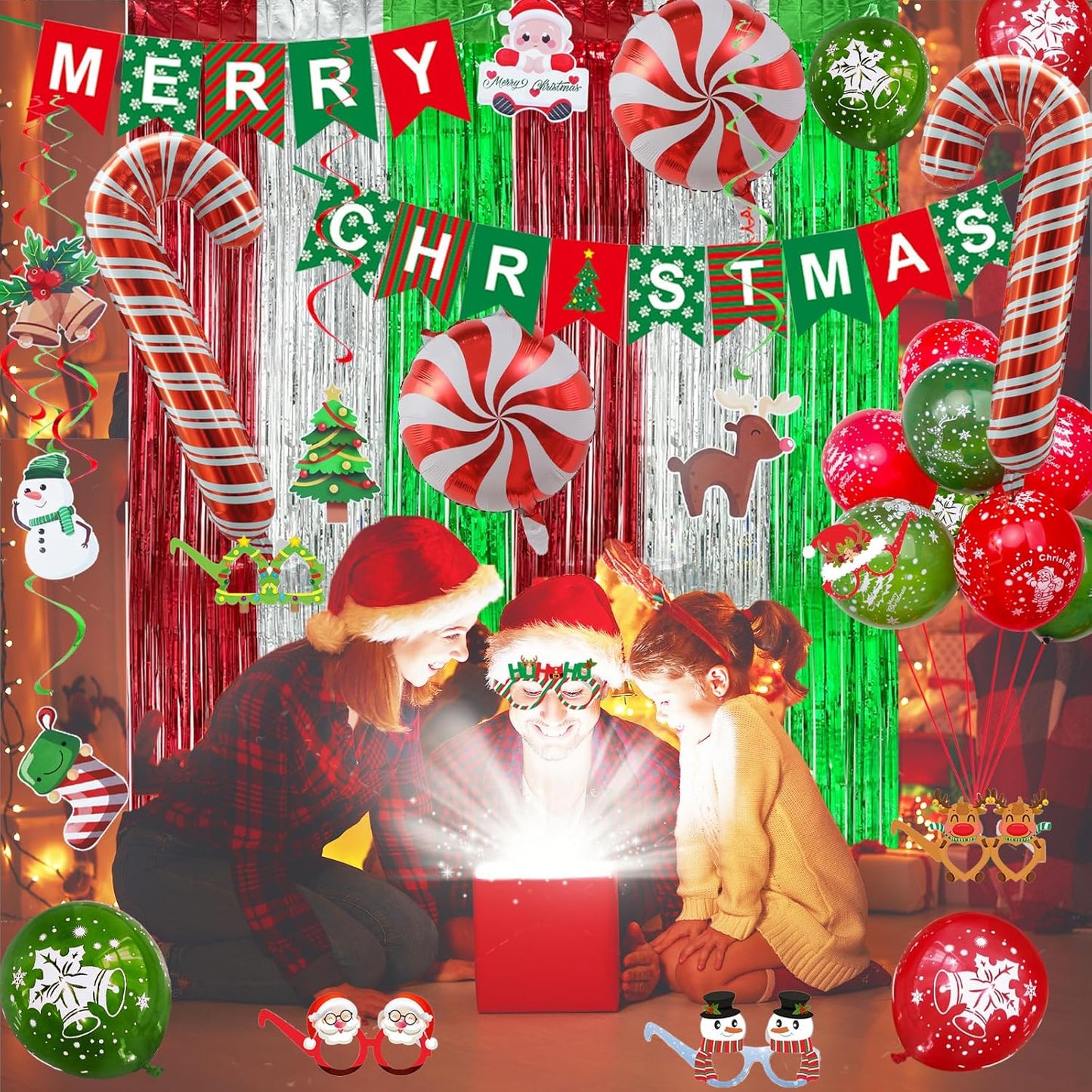 Christmas Decorations, Merry Christmas Decor Banner Hanging Swirls Candy Cane Balloons Tinsel Backdrop Glasses Frames for Indoor Outdoor Decorations