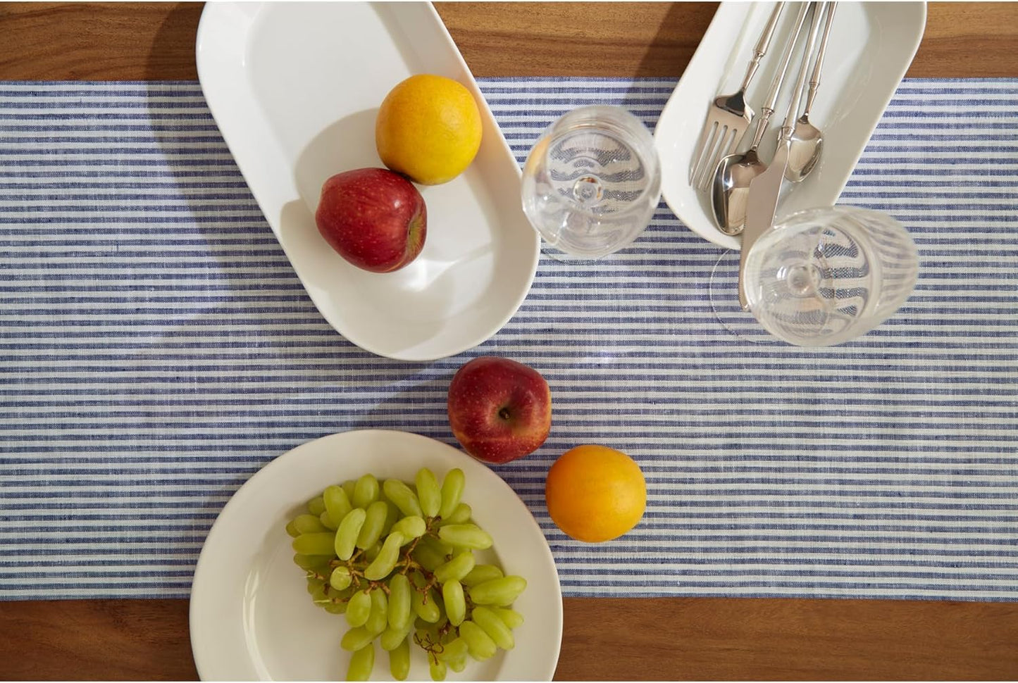 Solino Home Linen Table Runner 72 Inches Long - Narrow Stripe, 100% Pure Linen Navy and White Table Runner 14 x 72 Inch for Dining, Dresser, Fall, Autumn, Halloween, Thanksgiving, Christmas