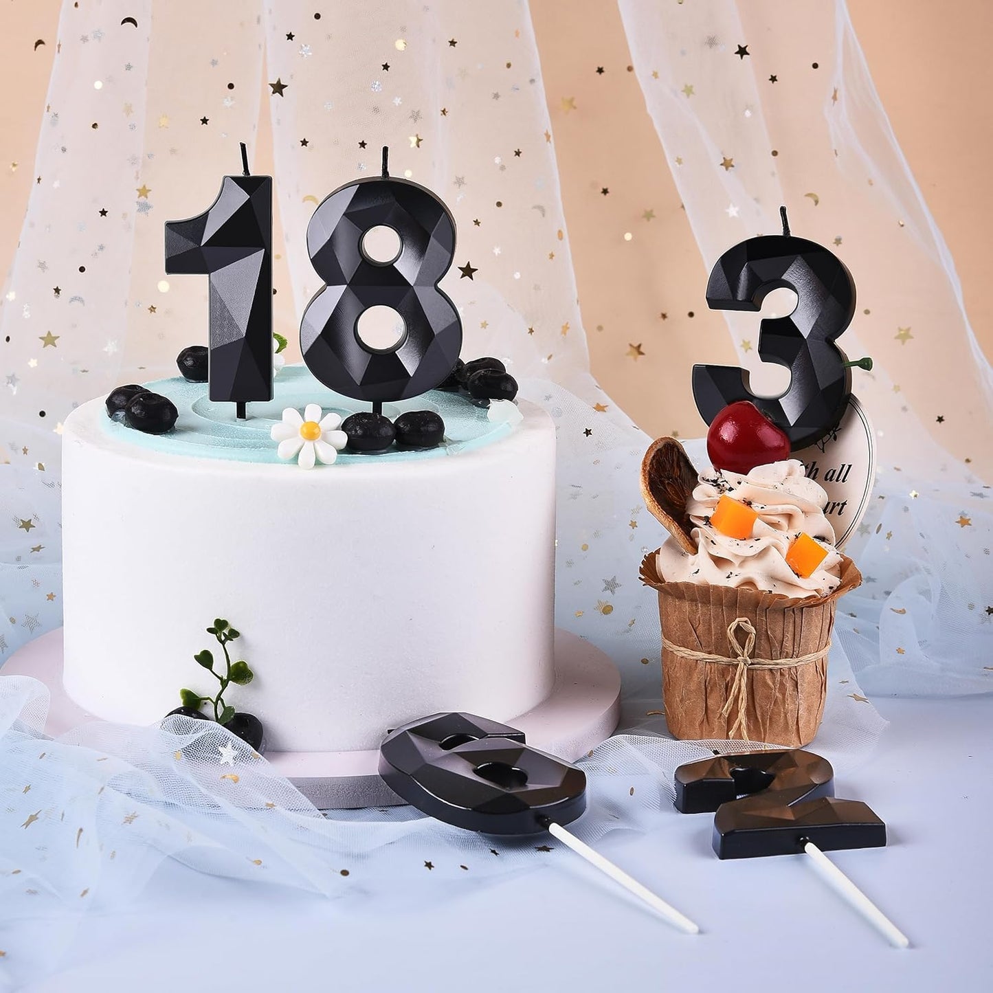 PHD CAKE 2.76 Inch Crystal Black 0 Number Birthday Candles, Red Number Candles, Cake Number Candles, Party Celebration