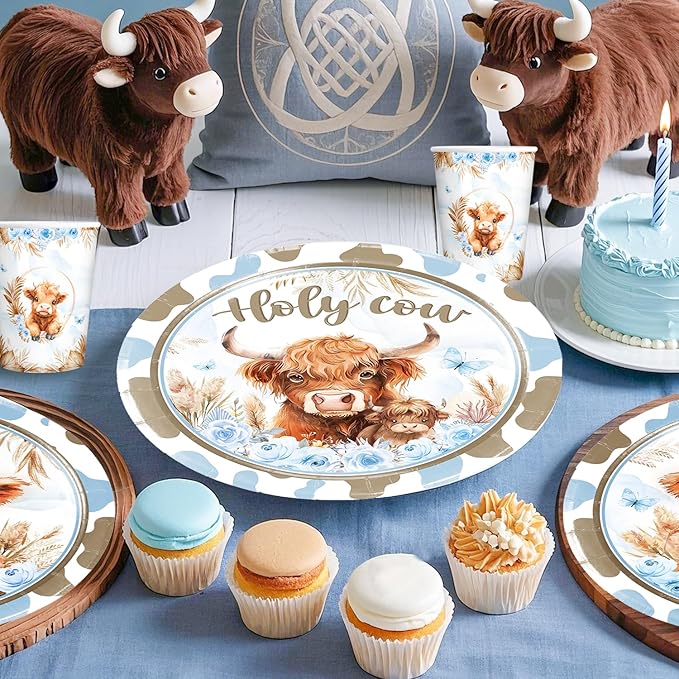 Cocomigo 241pcs Highland Cow Baby Shower Decorations for Boy, One-stop Package Includes 40 Plates 2 Tablecloths 1 Sash and 1 Pin, Complete Balloon Arch Tableware Set for Baby Shower
