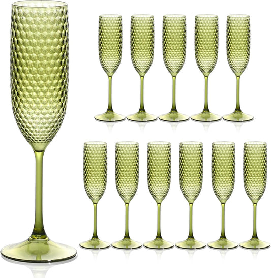 Plastic Champagne Flutes Champagne Glasses Unbreakable Wedding Toasting Glasses Reusable Diamond Wine Glasses Crystal Clear Party Wine Cups Vintage Drinking 5.5 OZ for Wedding (12, Green)