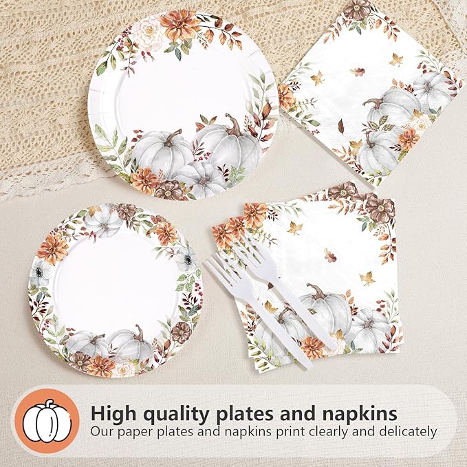 Grencian 200 Pcs Fall Pumpkin Paper Plates Watercolor Pumpkin Floral Platters Disposable White Pumpkin Decorative Tableware for Thanksgiving Harvest Wedding Birthday Party Decor Supplies Serves 50