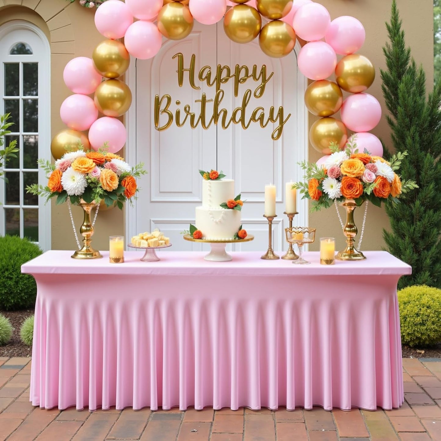 NSSONBEN 4 pk Baby Pink Spandex Tablecloth 6ft with Ruffle Table Skirt, Wrinkle Free Stretchy Fitted Tablecloths for 6 Foot Rectangle Tables, Elastic Spandex Table Covers for Weddings Parties Banquet