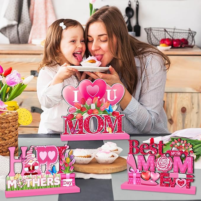 4pcs Mothers Day Decorations for Party Wood Table Decor Happy Mothers Day Centerpieces for Tables Pink I Love U Mom Thank You Mom Wood Tabletopper for Home