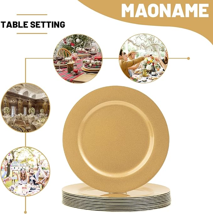 MAONAME Gold Charger Plates Set of 12, 13-Inch Round Plate Chargers for Dinner Plate, Plastic Table Chargers for Wedding Decor, Party