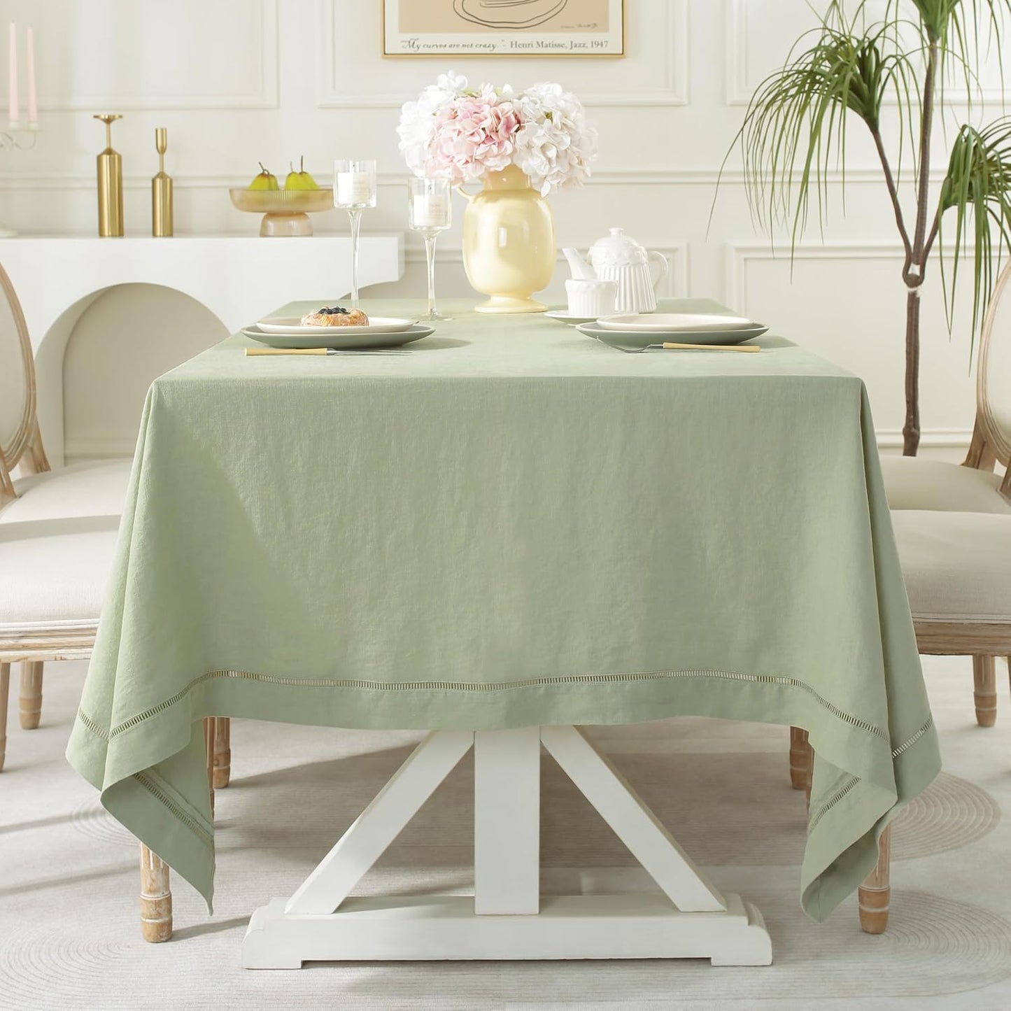 Linen World Hemstitch Linen Tablecloth,French Linen Sage Tablecloth 120" x 60" Inch,Washable Rectangular Table Cloth for Dining,Outdoor,Weddings and Restaurants,Decorative Thanksgiving Christmas
