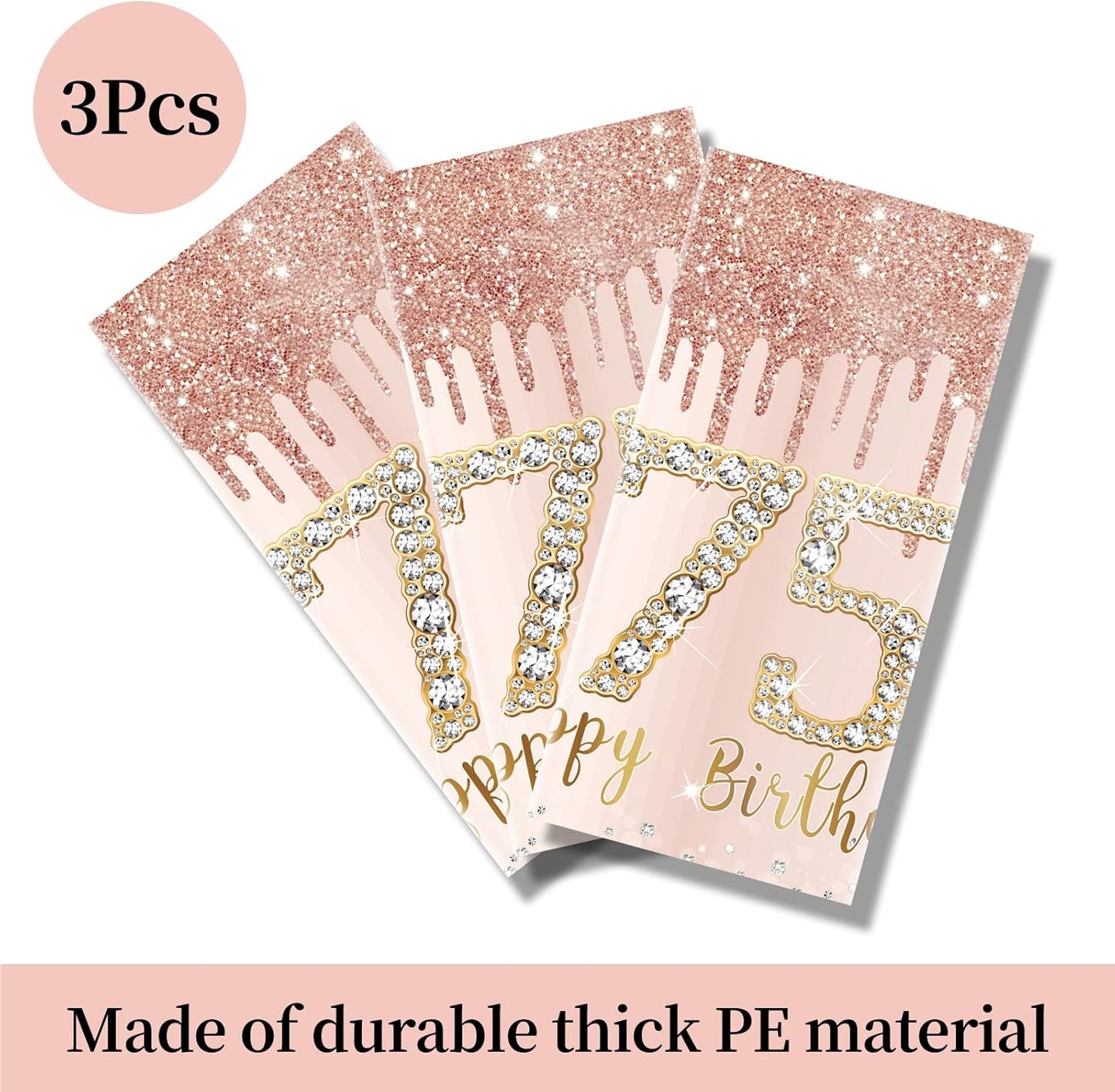 3 Pack Pink Rose Gold 75th Birthday Tablecloth Decorations - Plastic Disposable Rectangular Table Cover for Party Supplies