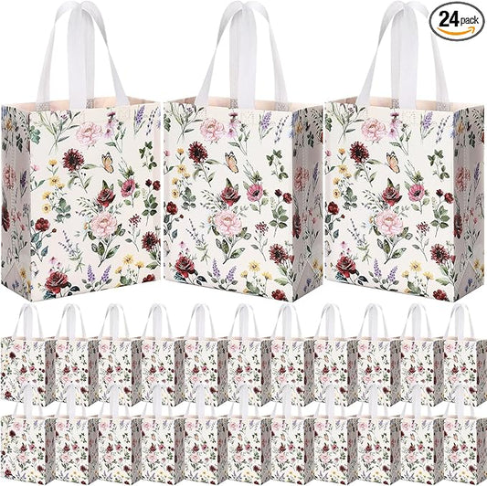 Supervitae 24 Pack Wildflower Theme Gift Bags Medium Floral Party Favor Bags Vintage Reusable Totes Non Woven Goodie Totes for Wedding Birthday Baby Shower Family Holiday Travel(9.8" x 7.9" x 3.9")