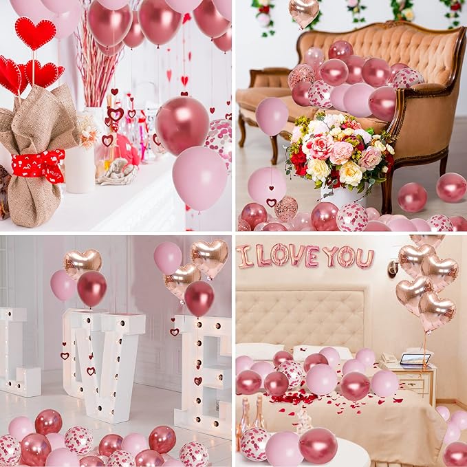 Bonropin Valentine's Day Balloons Kit with Rose Gold Pink Heart, I Love You Balloon, Rose Petals for Valentine, Anniversary, Wedding, Mother's Day, Romantic Special Night Decorations