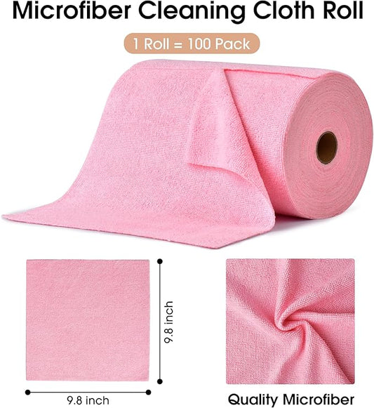 KitchLife Microfiber Cleaning Cloth Roll, 100 Pack - Tear-Away Microfiber Paper Towels, Lint-Free, Reusable, Washable for Kitchen, Car, Dishes, and Sensitive Surfaces (Pink)
