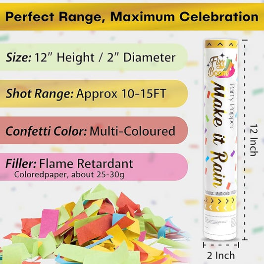 12 Pack 12 Inch Confetti Poppers, Biodegradable Confetti Popper Set for Wedding, Birthday Party Celebrations | Releases 15 ft in the Air