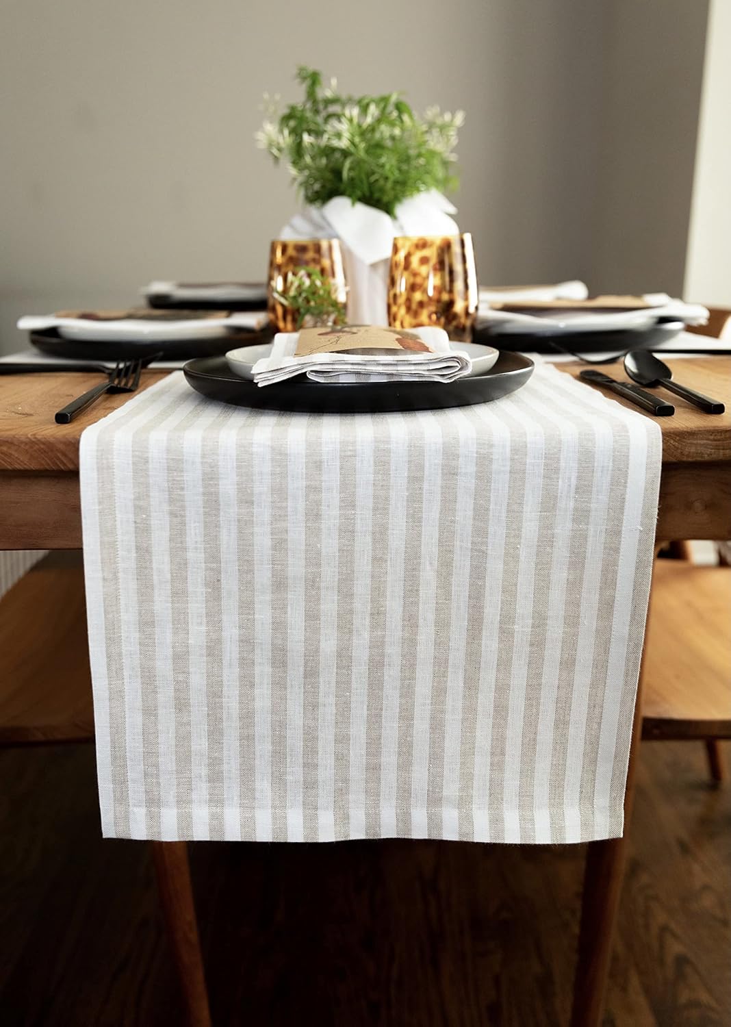 Solino Home Linen Table Runner 72 Inches Long - Amalfi Stripe, 100% Pure Linen Natural and White Table Runner 14 x 72 Inch for Dining, Dresser, Fall, Autumn, Halloween, Thanksgiving, Christmas